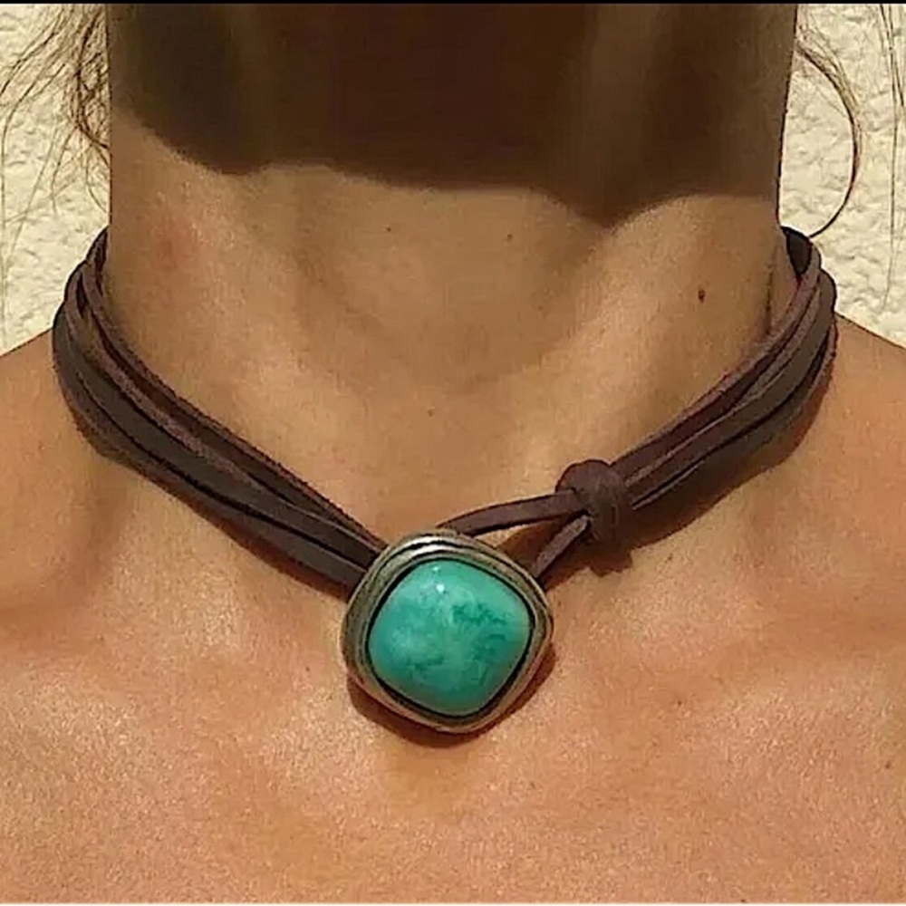 Boho Vintage Turquoise Pendant Choker, Bohemian, Vacation, Leather Cord, 16”